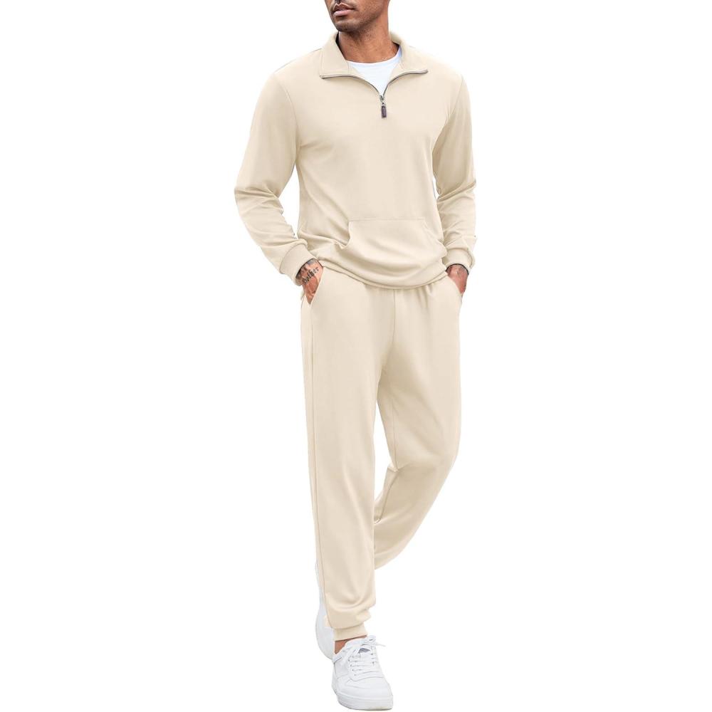 imageCOOFANDY Mens Tracksuit 2 Piece Quarter Zip Sweatsuit Sets Casual Athletic Running Jogging SuitsBeige