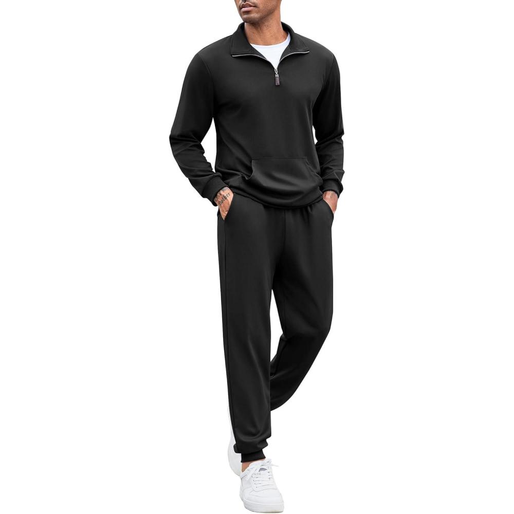 imageCOOFANDY Mens Tracksuit 2 Piece Quarter Zip Sweatsuit Sets Casual Athletic Running Jogging SuitsBlack