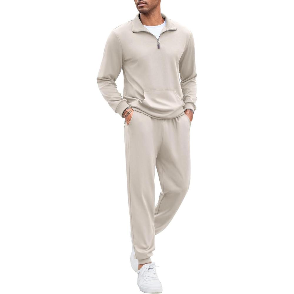 imageCOOFANDY Mens Tracksuit 2 Piece Quarter Zip Sweatsuit Sets Casual Athletic Running Jogging SuitsLight Gray