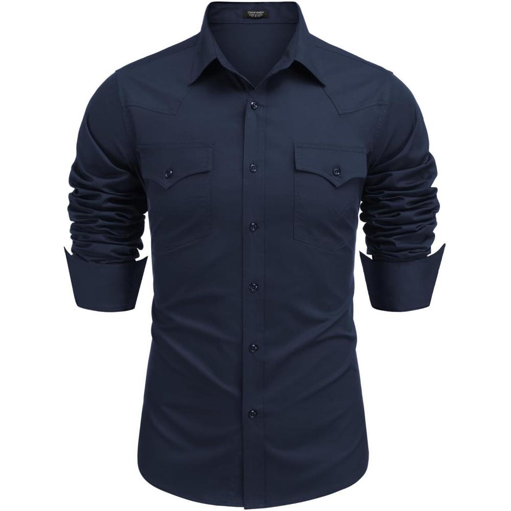 imageCOOFANDY Mens Western Cowboy Shirts Long Sleeve Cotton Casual Button Down Work Shirt with PocketsSolid Deep Blue