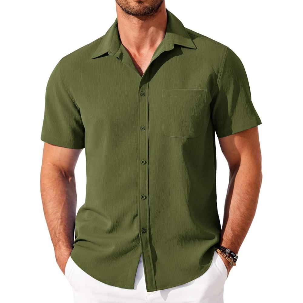 imageCOOFANDY Shirts for Men Short Sleeve Button Down Shirt Casual Summer Beach ShirtArmy Green