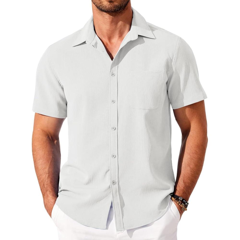 imageCOOFANDY Shirts for Men Short Sleeve Button Down Shirt Casual Summer Beach ShirtAwhite