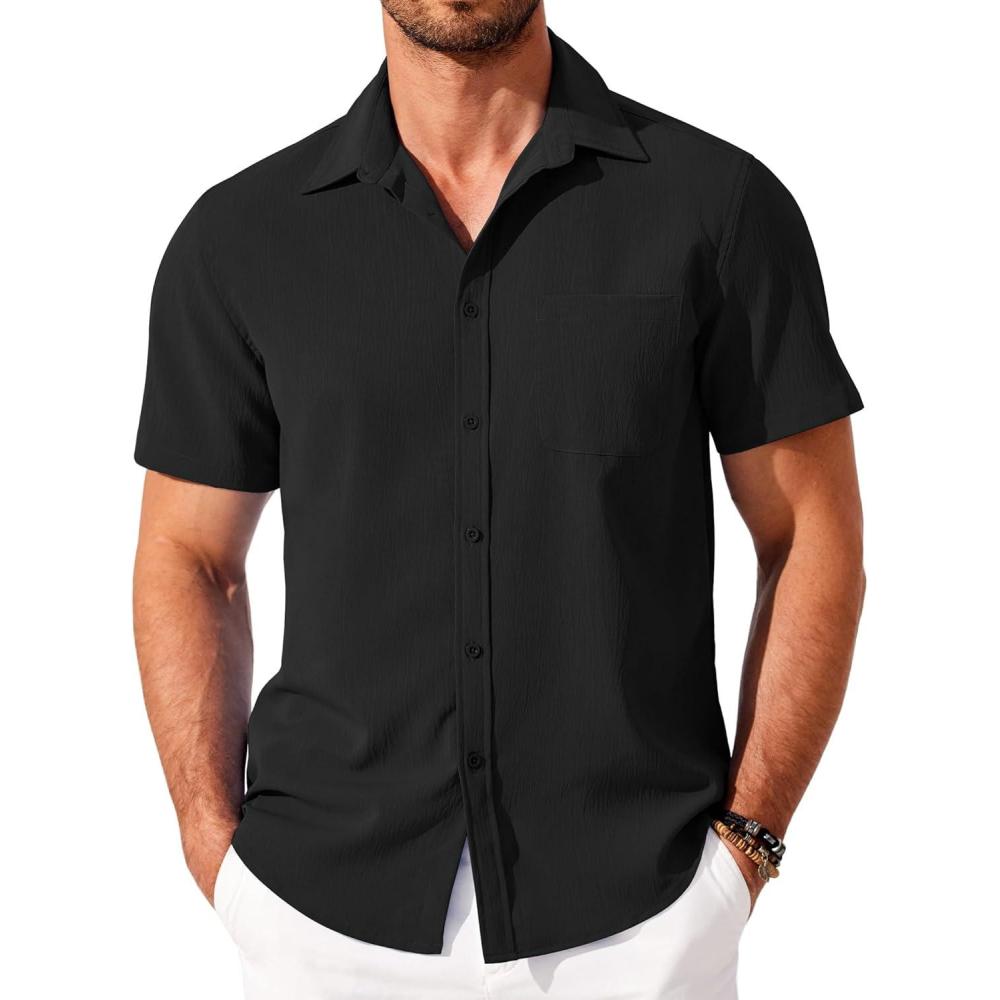 imageCOOFANDY Shirts for Men Short Sleeve Button Down Shirt Casual Summer Beach ShirtBlack