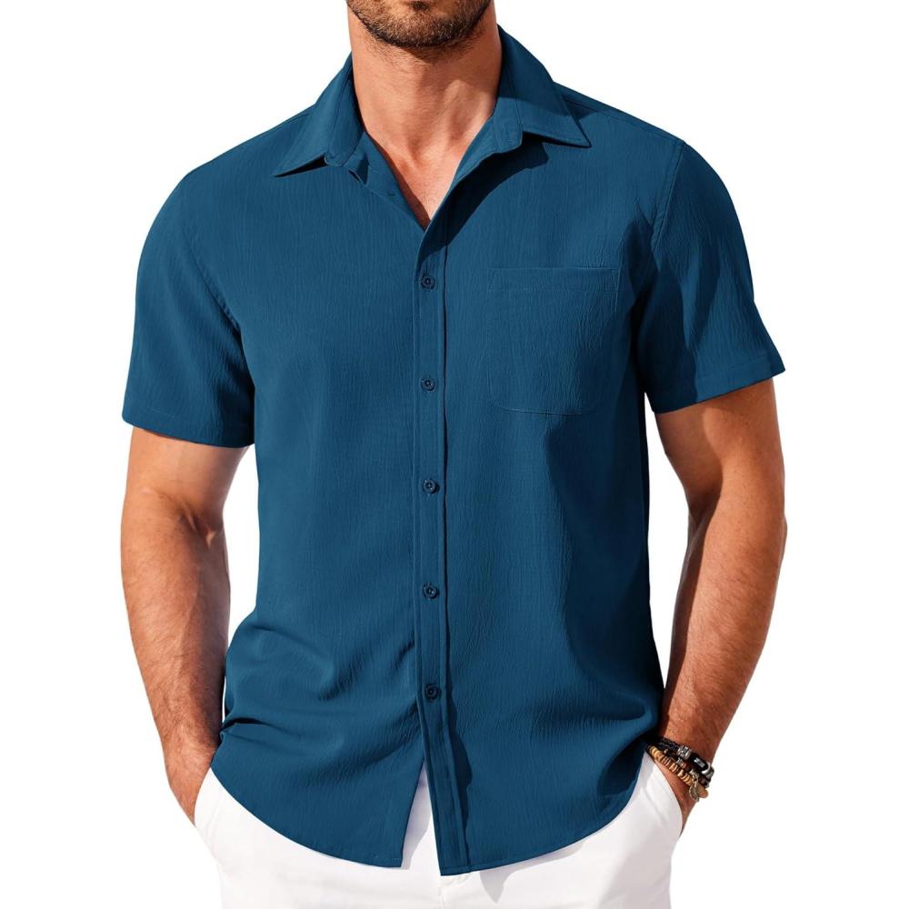 imageCOOFANDY Shirts for Men Short Sleeve Button Down Shirt Casual Summer Beach ShirtDark Blue