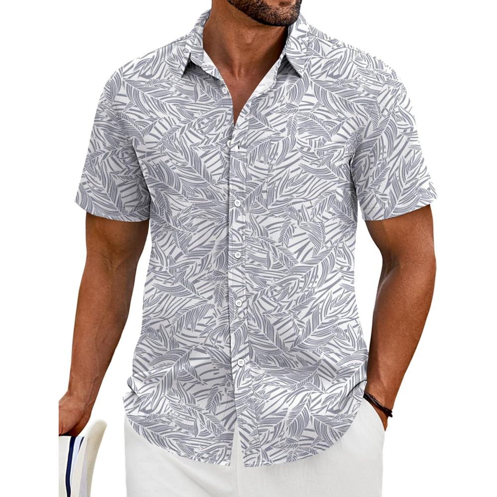 imageCOOFANDY Shirts for Men Short Sleeve Button Down Shirt Casual Summer Beach ShirtGrey Blue Palm Leaf