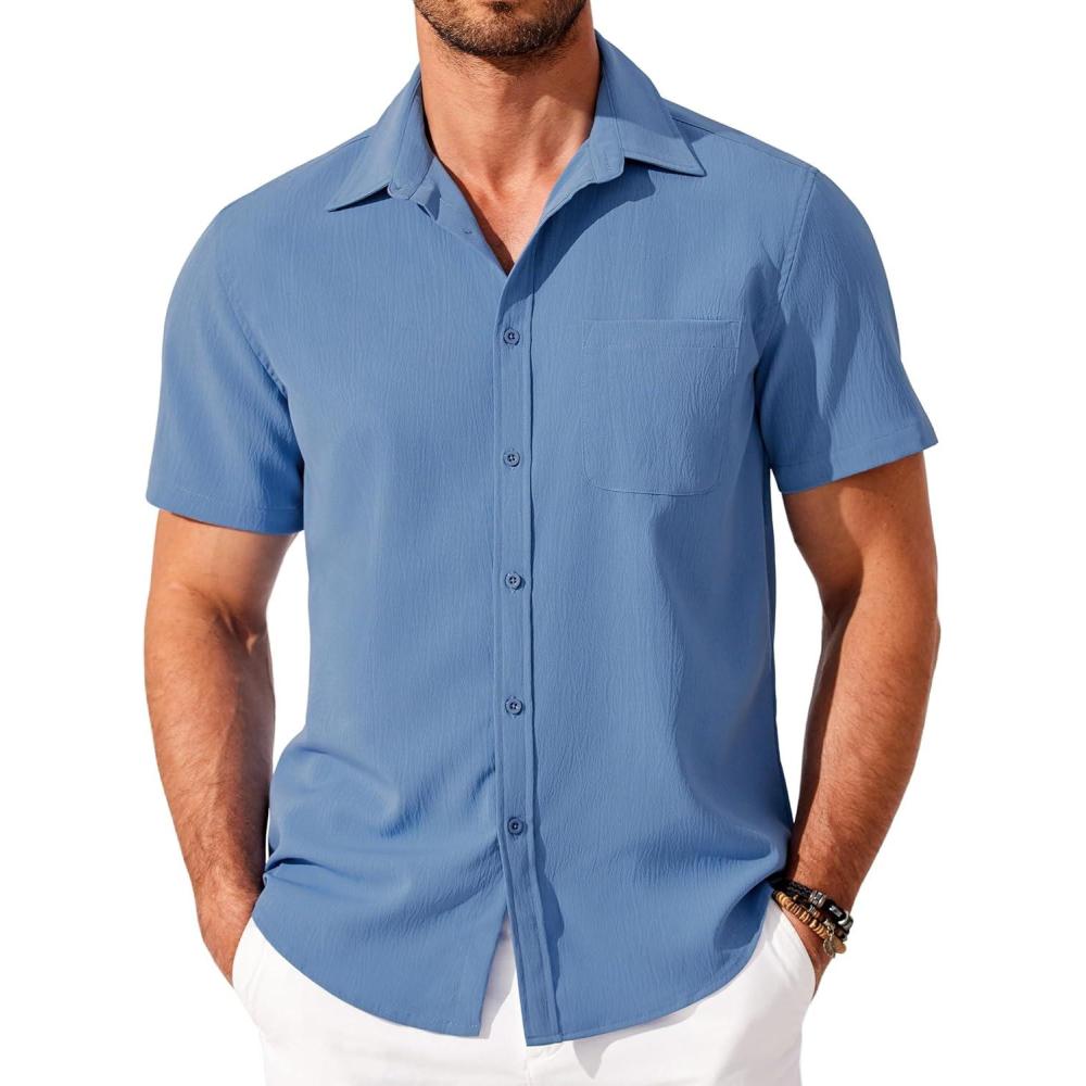 imageCOOFANDY Shirts for Men Short Sleeve Button Down Shirt Casual Summer Beach ShirtGrey Blue