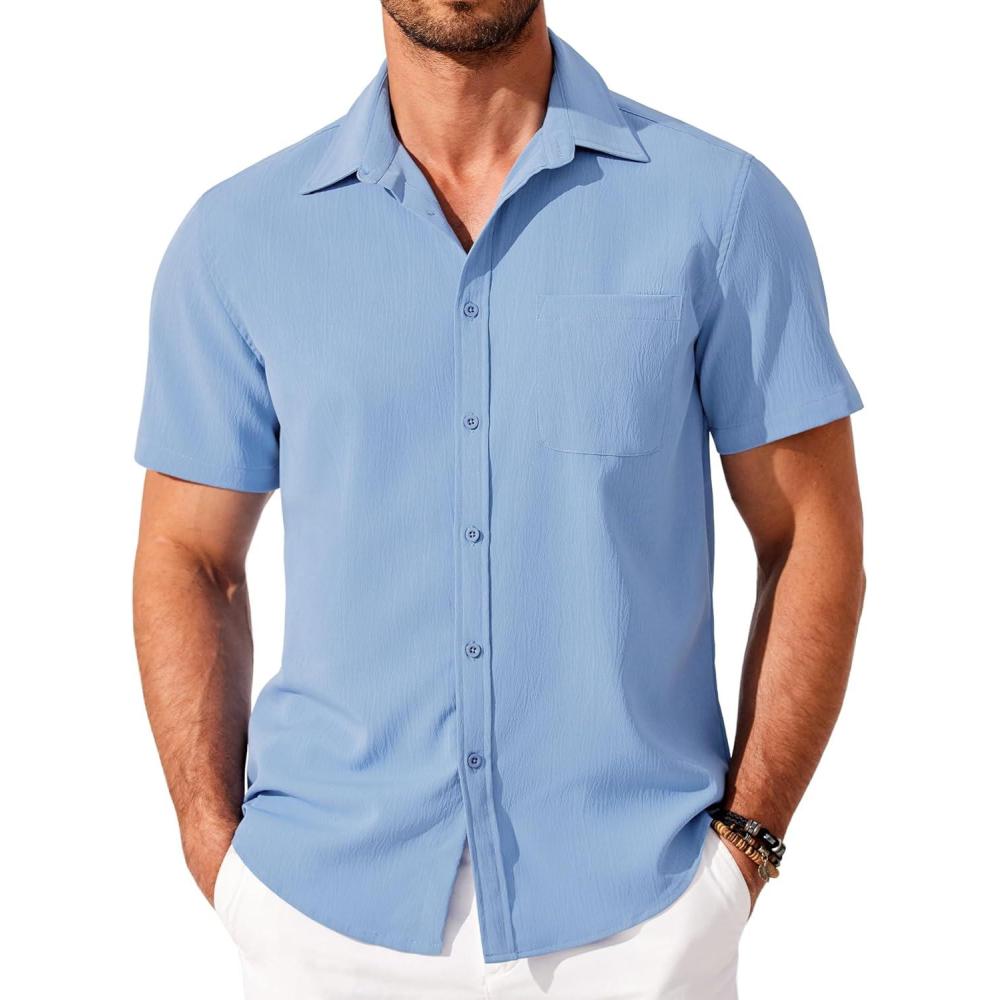 imageCOOFANDY Shirts for Men Short Sleeve Button Down Shirt Casual Summer Beach ShirtLight Blue