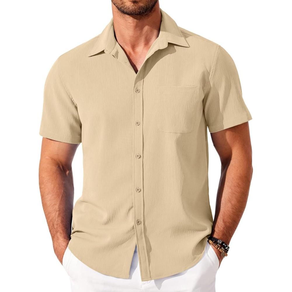 imageCOOFANDY Shirts for Men Short Sleeve Button Down Shirt Casual Summer Beach ShirtLight Brown