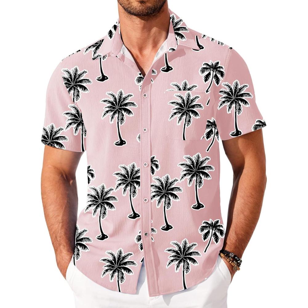 imageCOOFANDY Shirts for Men Short Sleeve Button Down Shirt Casual Summer Beach ShirtPink  Coconut Tree