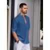 COOFANDY Men’s Cotton Linen Henley Shirt Casual Beach Hippie Shirts Long Sleeve T-Shirts(Dark Blue)