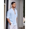COOFANDY Men’s Cotton Linen Henley Shirt Casual Beach Hippie Shirts Long Sleeve T-Shirts(Light Blue)
