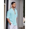 COOFANDY Men’s Cotton Linen Henley Shirt Casual Beach Hippie Shirts Long Sleeve T-Shirts(Light Blue Henley)