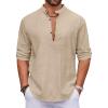 COOFANDY Men’s Cotton Linen Henley Shirt Casual Beach Hippie Shirts Long Sleeve T-Shirts(Light Khaki)