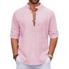 COOFANDY Men’s Cotton Linen Henley Shirt Casual Beach Hippie Shirts Long Sleeve T-Shirts(Pink)