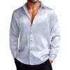COOFANDY Men’s Silk Satin Dress Shirts Jacquard Long Sleeve Floral Button Up Shirts Party Prom Wedding Shirt(Clear Blue)