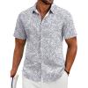 COOFANDY Shirts for Men Short Sleeve Button Down Shirt Casual Summer Beach Shirt(Grey Blue – Palm Leaf)