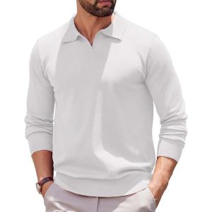 COOFANDY Long Sleeve Polo Shirts for Men Knit Polo Sweater Lightweight Ribbed Pullover Sweater(White)