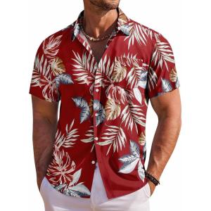 COOFANDY Men’s Hawaiian Shirt Short Sleeve Floral Button Down Shirts Tropical Holiday Beach Shirts(Red – Tropical Leaf)