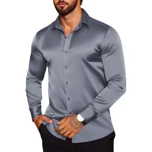 COOFANDY Men’s Silk Satin Dress Shirts Jacquard Long Sleeve Floral Button Up Shirts Party Prom Wedding Shirt(Grey)