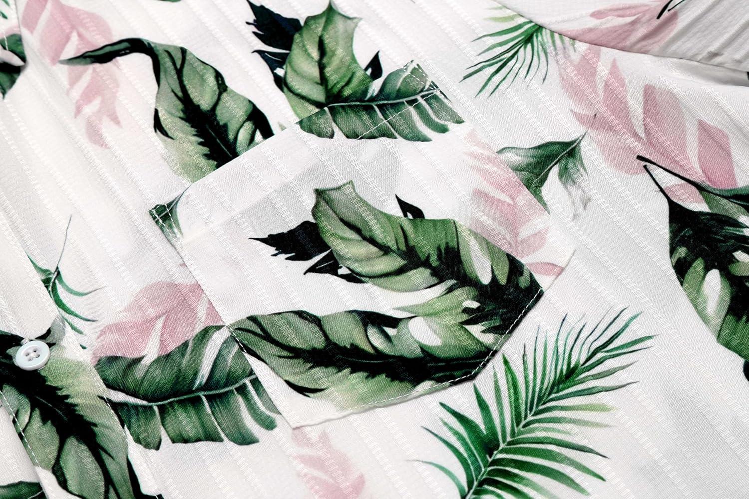 imageCOOFANDY Mens Casual Button Down Shirts Short Sleeve Textured Summer Beach Shirt with PocketWhitegreen Pink Leaves