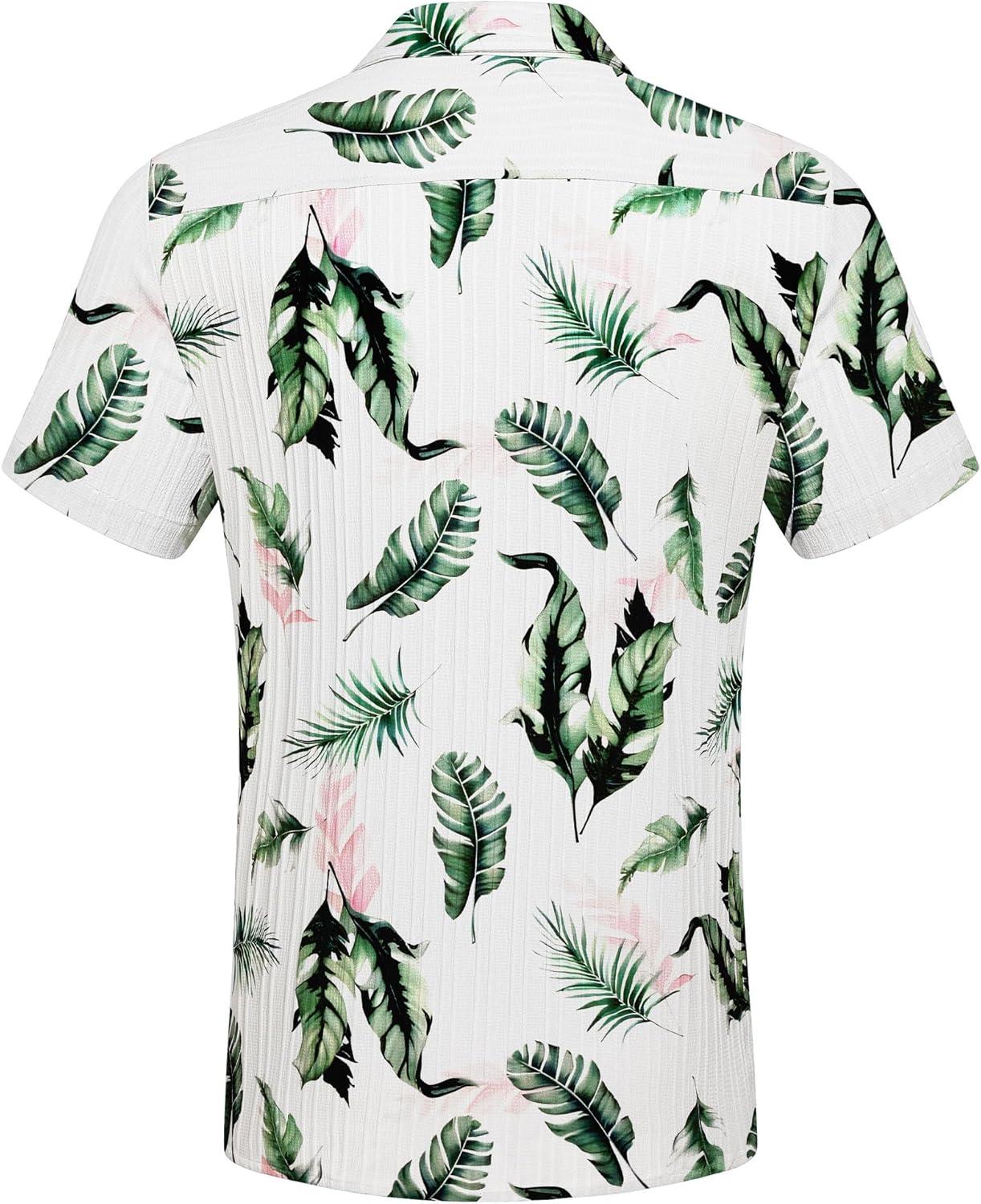 imageCOOFANDY Mens Casual Button Down Shirts Short Sleeve Textured Summer Beach Shirt with PocketWhitegreen Pink Leaves