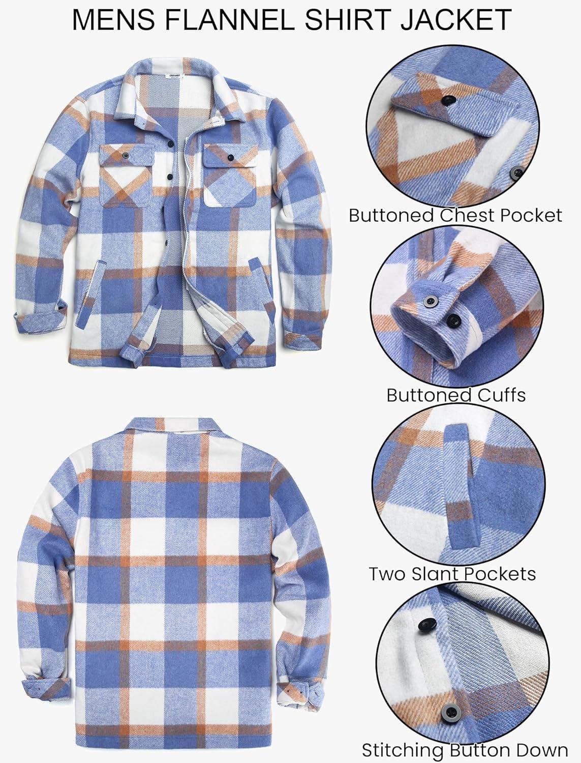 imageCOOFANDY Mens Flannel Jacket Fleece Shacket Plaid Shirt Jackets Warm Thick Long Sleeve Button Down Fall OutwearBlue Block