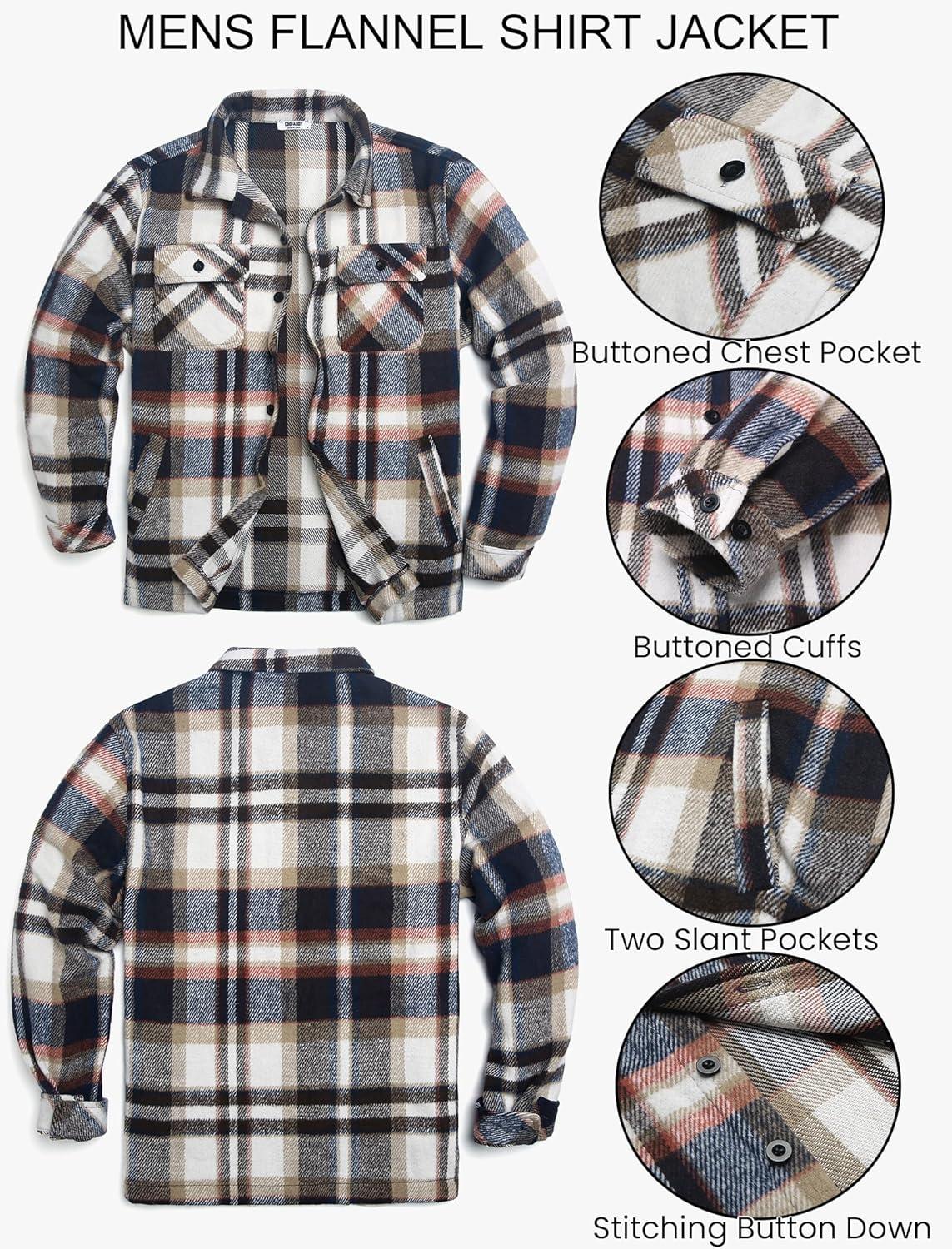 imageCOOFANDY Mens Flannel Jacket Fleece Shacket Plaid Shirt Jackets Warm Thick Long Sleeve Button Down Fall OutwearBrown Line