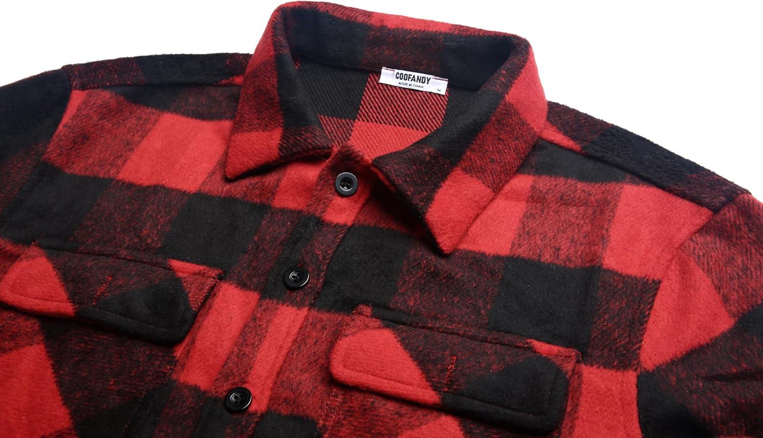 imageCOOFANDY Mens Flannel Jacket Fleece Shacket Plaid Shirt Jackets Warm Thick Long Sleeve Button Down Fall OutwearBuffalo Red Plaid