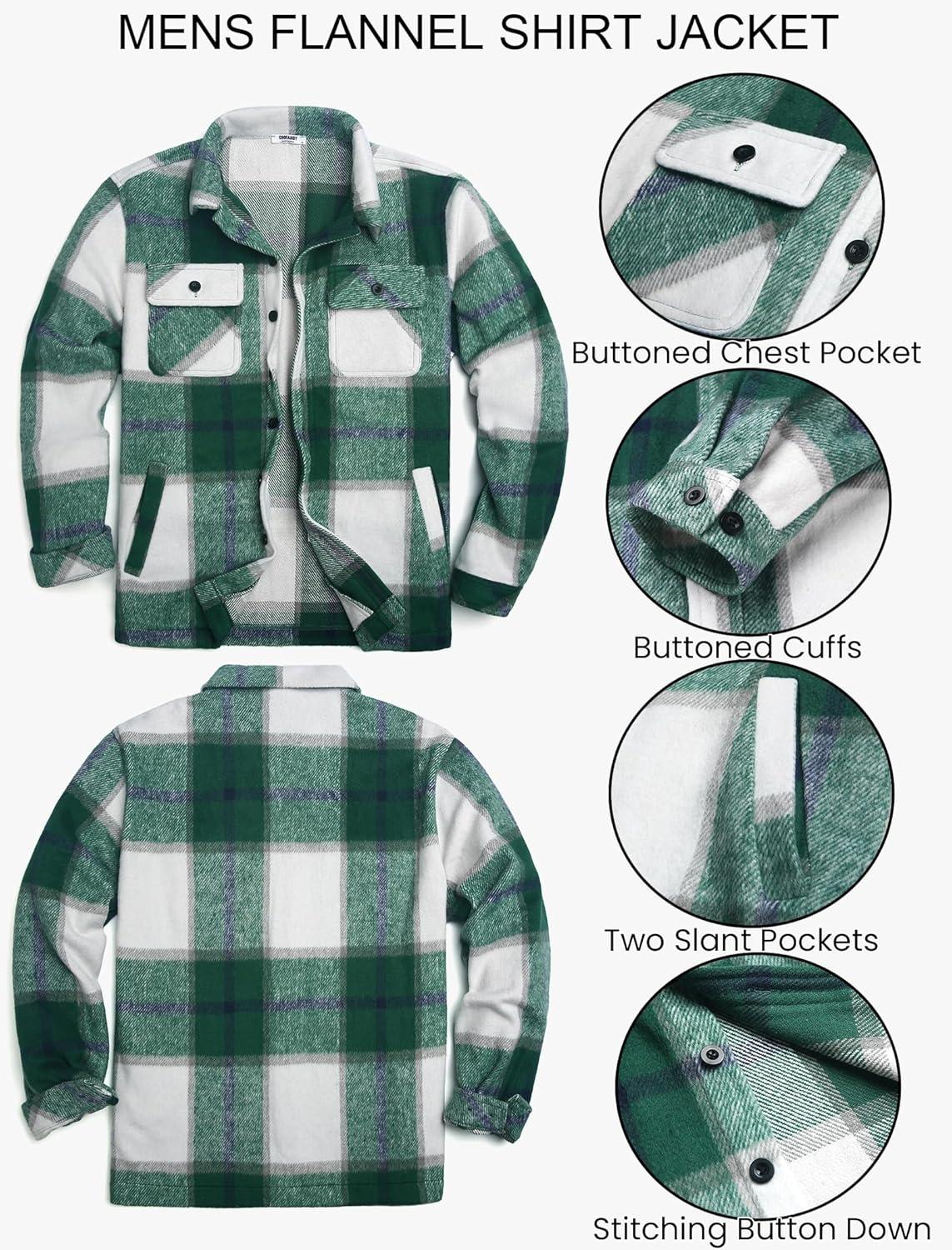 imageCOOFANDY Mens Flannel Jacket Fleece Shacket Plaid Shirt Jackets Warm Thick Long Sleeve Button Down Fall OutwearGreen Block