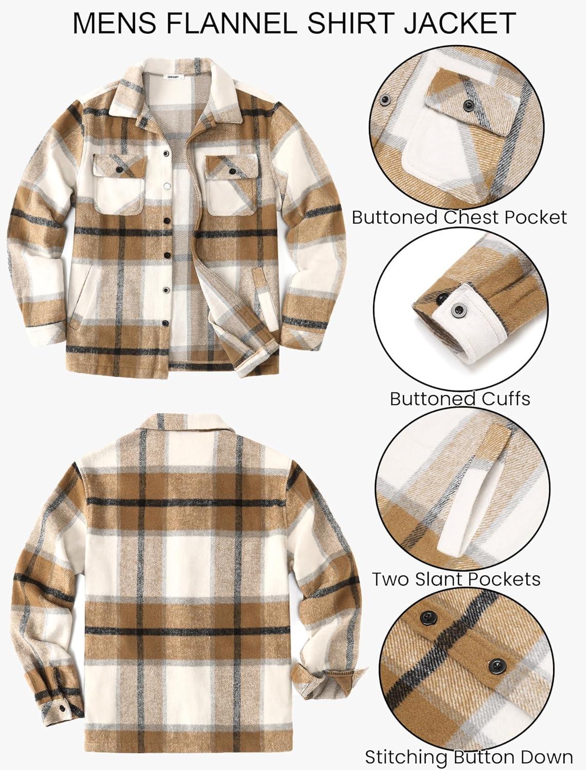 imageCOOFANDY Mens Flannel Jacket Fleece Shacket Plaid Shirt Jackets Warm Thick Long Sleeve Button Down Fall OutwearKhaki Block