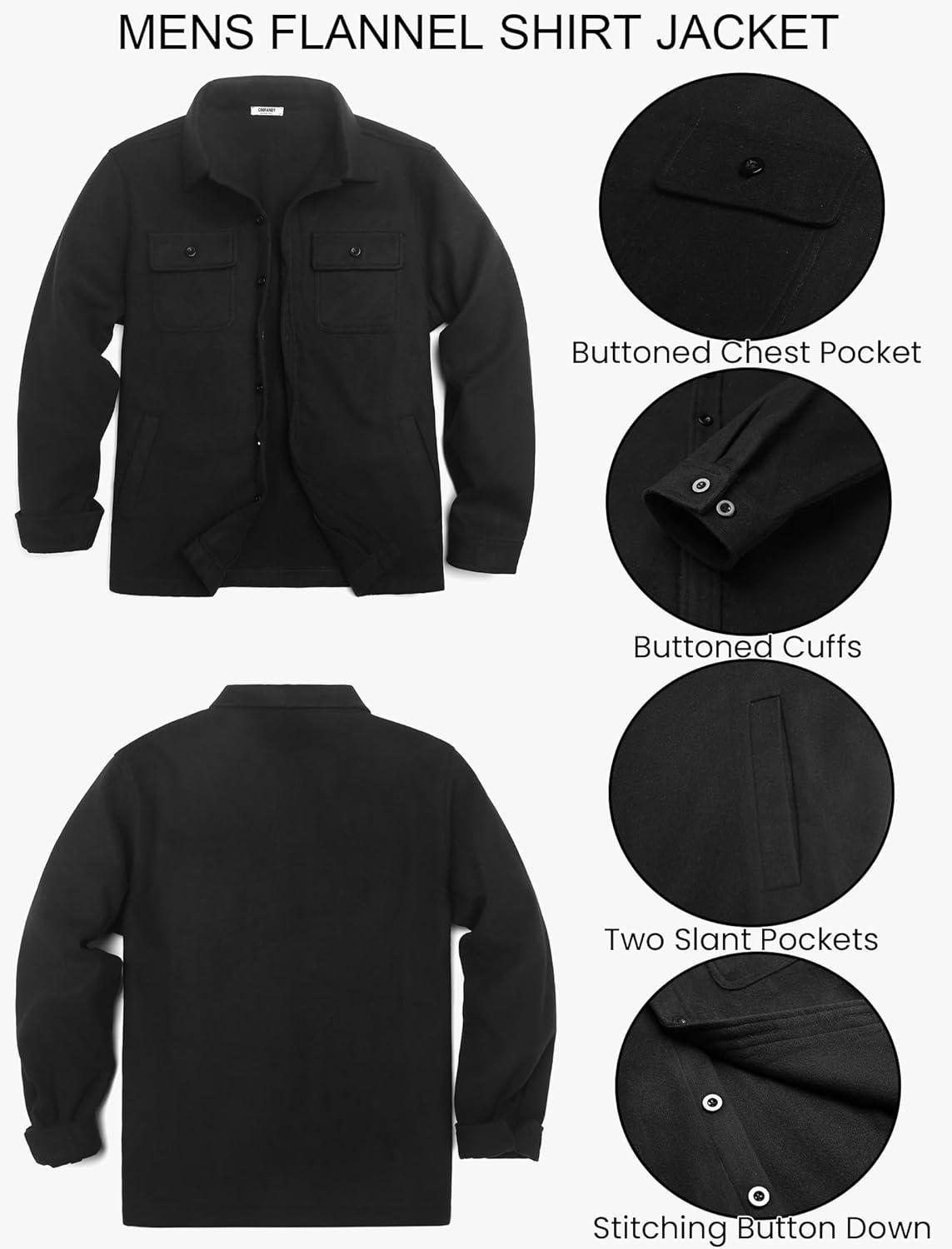imageCOOFANDY Mens Flannel Jacket Fleece Shacket Plaid Shirt Jackets Warm Thick Long Sleeve Button Down Fall OutwearPure Black