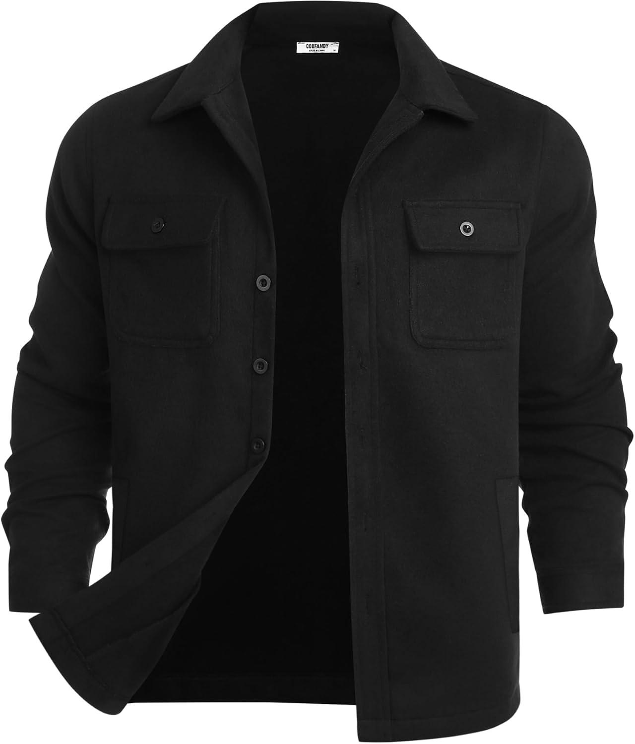 imageCOOFANDY Mens Flannel Jacket Fleece Shacket Plaid Shirt Jackets Warm Thick Long Sleeve Button Down Fall OutwearPure Black