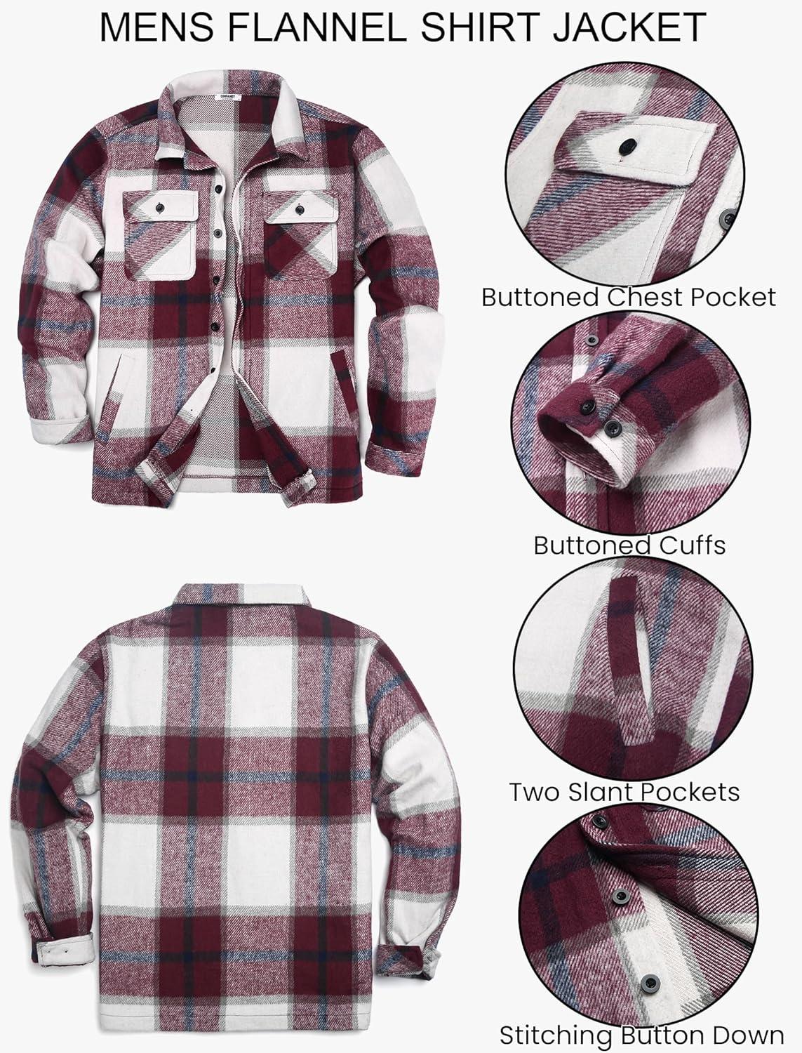 imageCOOFANDY Mens Flannel Jacket Fleece Shacket Plaid Shirt Jackets Warm Thick Long Sleeve Button Down Fall OutwearWine Red Block