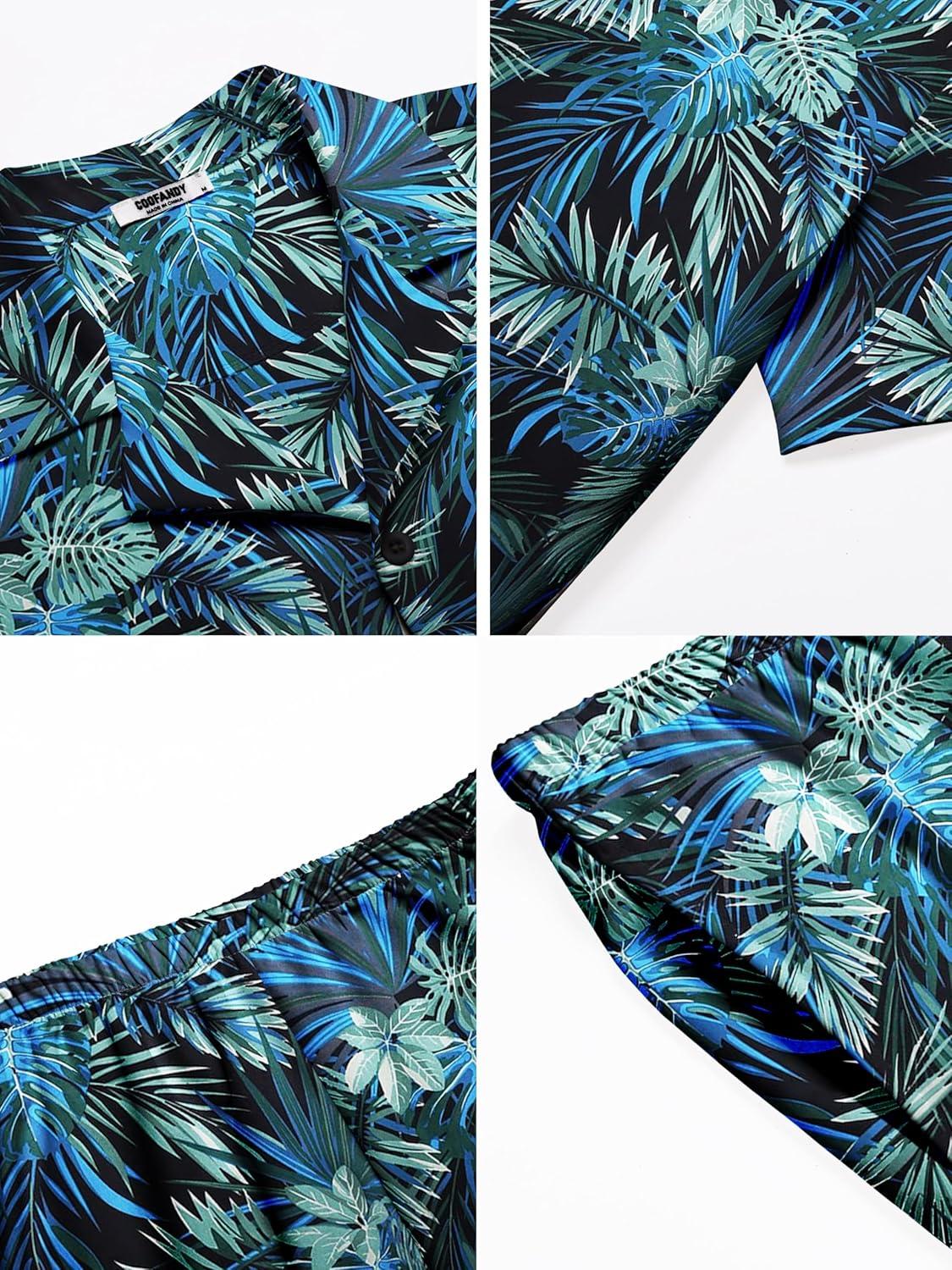 imageCOOFANDY Mens Hawaiian Matching Shirt and Shorts Set Summer Beach 2 Piece Outfits Short Sleeve Cuban Shirts and ShortsLeavesblue