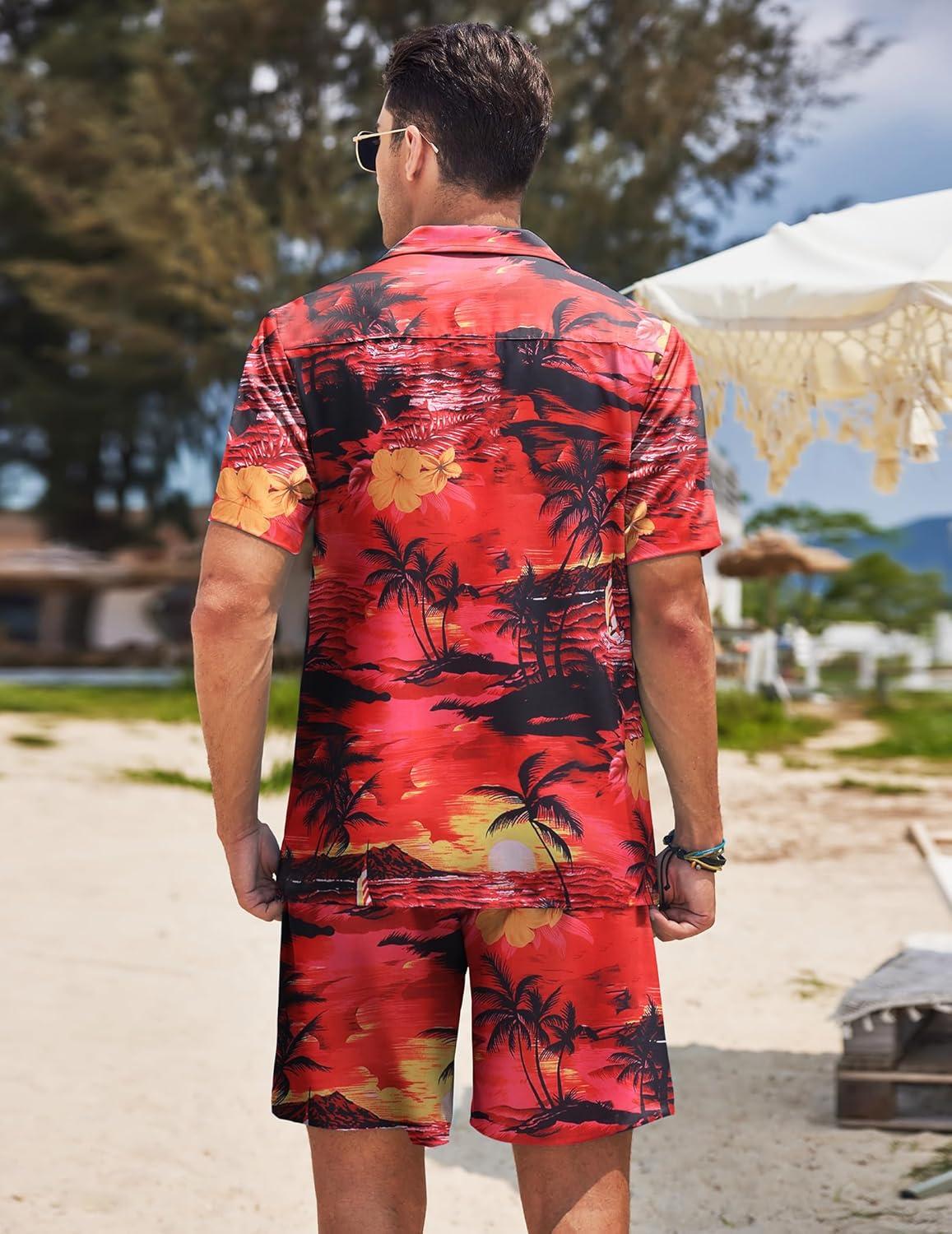 imageCOOFANDY Mens Hawaiian Matching Shirt and Shorts Set Summer Beach 2 Piece Outfits Short Sleeve Cuban Shirts and ShortsSunset