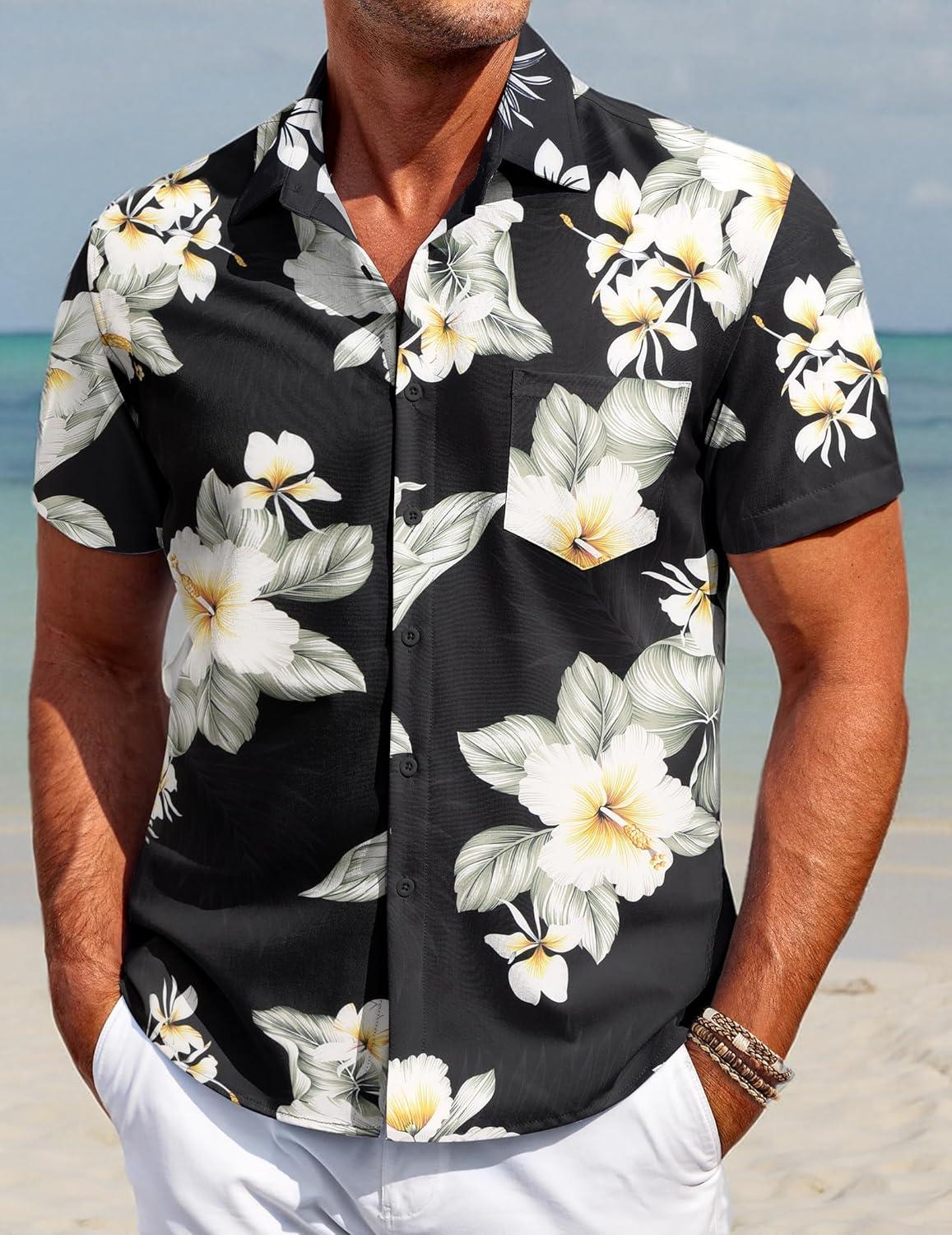 imageCOOFANDY Mens Hawaiian Shirt Short Sleeve Button Down Shirt Tropical Summer Beach ShirtFlowerblack