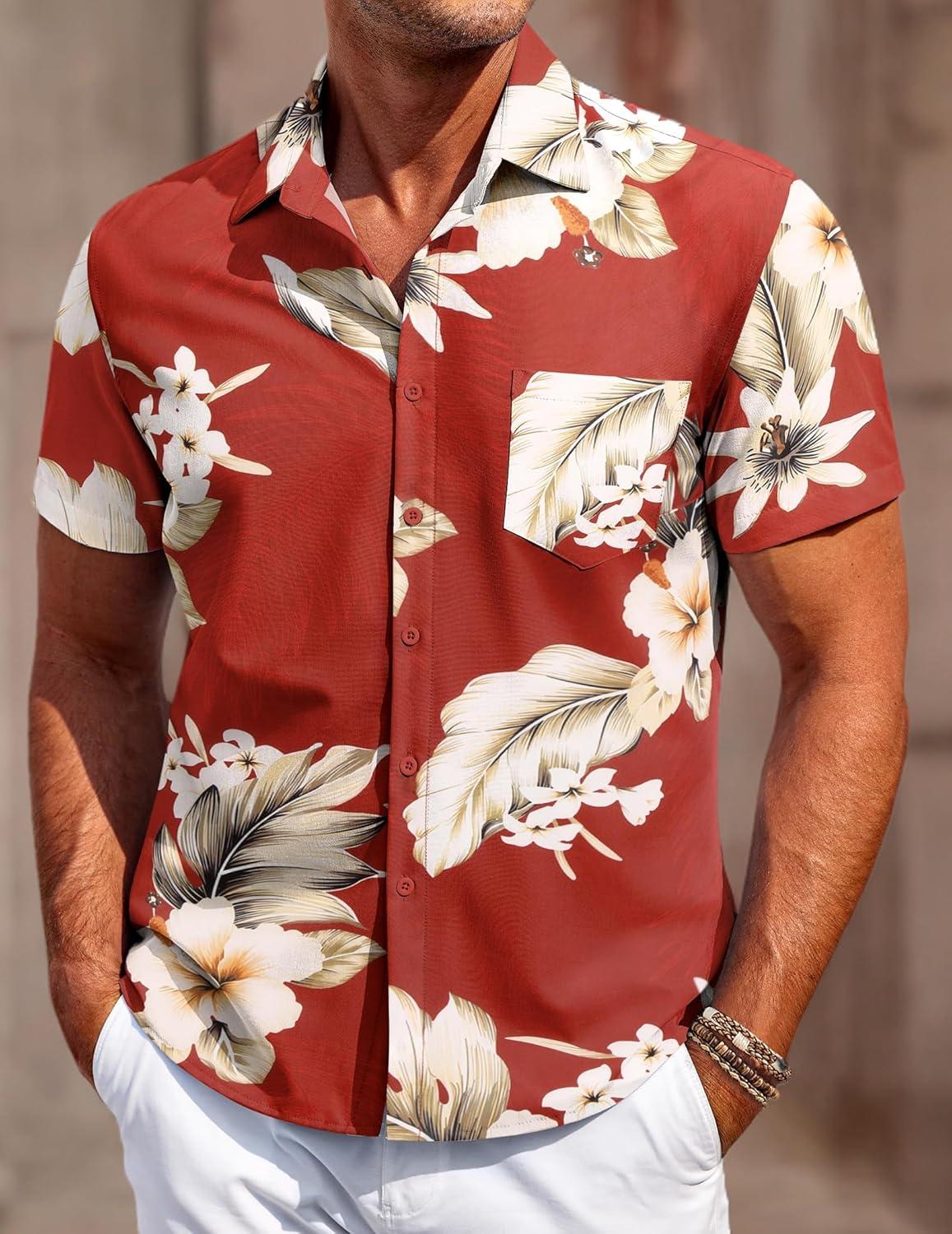 imageCOOFANDY Mens Hawaiian Shirt Short Sleeve Button Down Shirt Tropical Summer Beach ShirtFlowerred