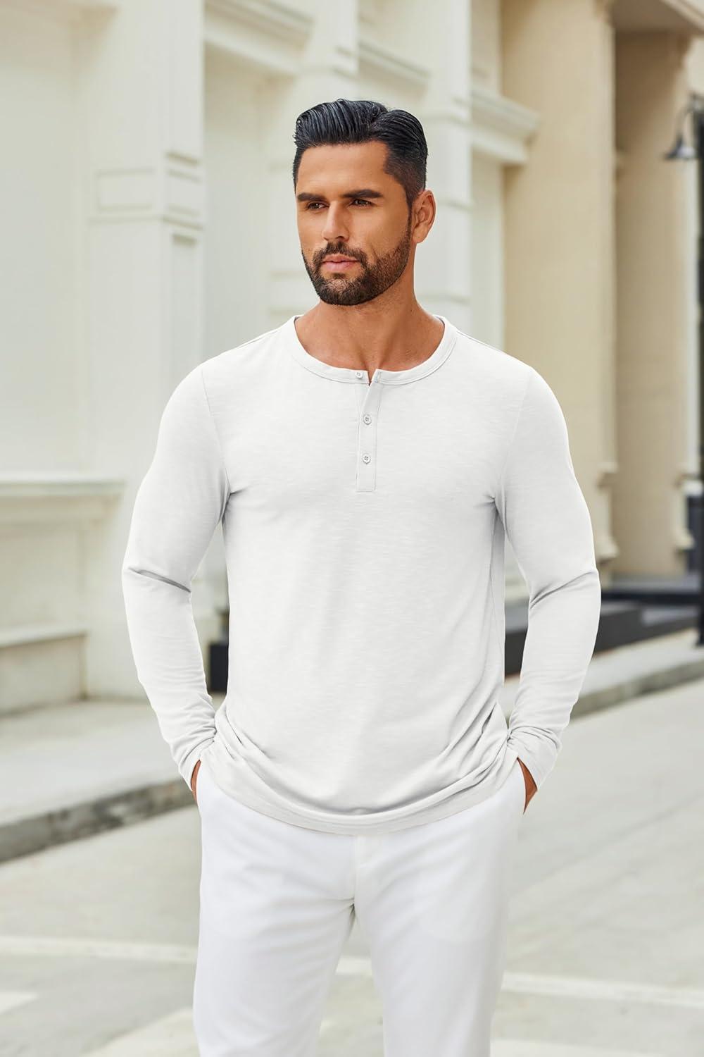 imageCOOFANDY Mens Henley Shirts Long Sleeve Casual Pullover TShirt Fashion Basic Button ShirtsWhite