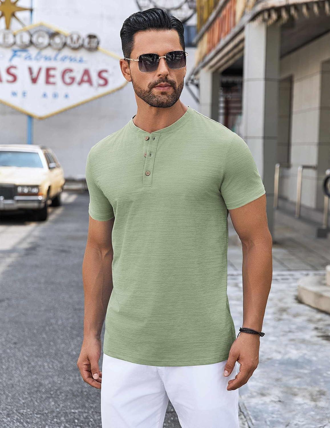 imageCOOFANDY Mens Henley Shirts Short Sleeve Casual Button Down Shirts Lightweight Summer Basic TeeGreen