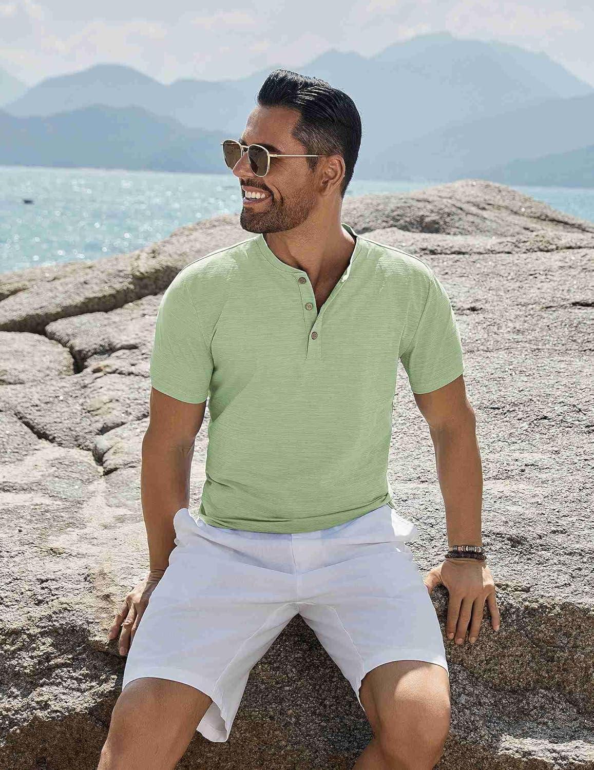 imageCOOFANDY Mens Henley Shirts Short Sleeve Casual Button Down Shirts Lightweight Summer Basic TeeGreen