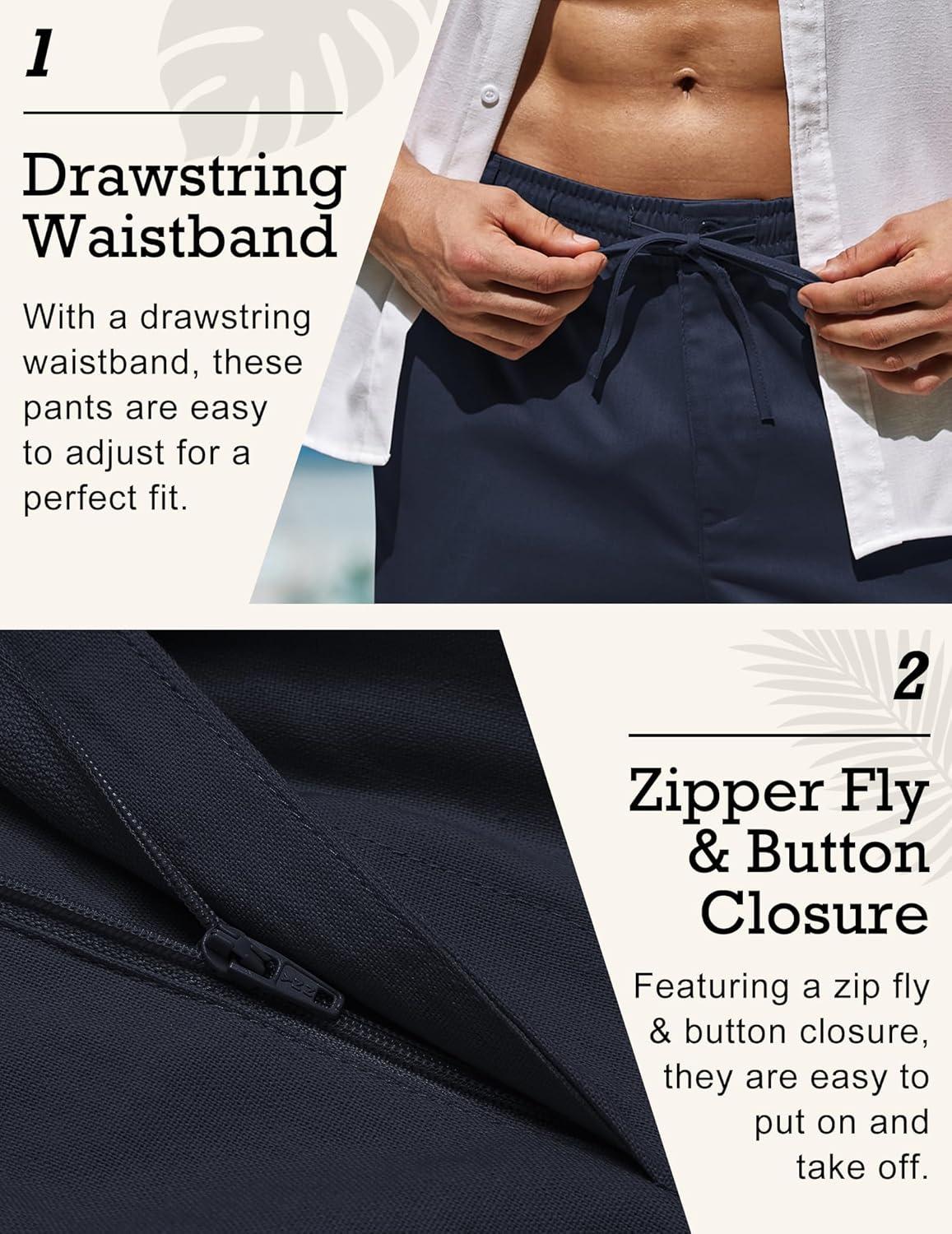 imageCOOFANDY Mens Linen Pants Casual Beach Summer Pant Elastic Waist Drawstring Lightweight TrousersNavy Blue
