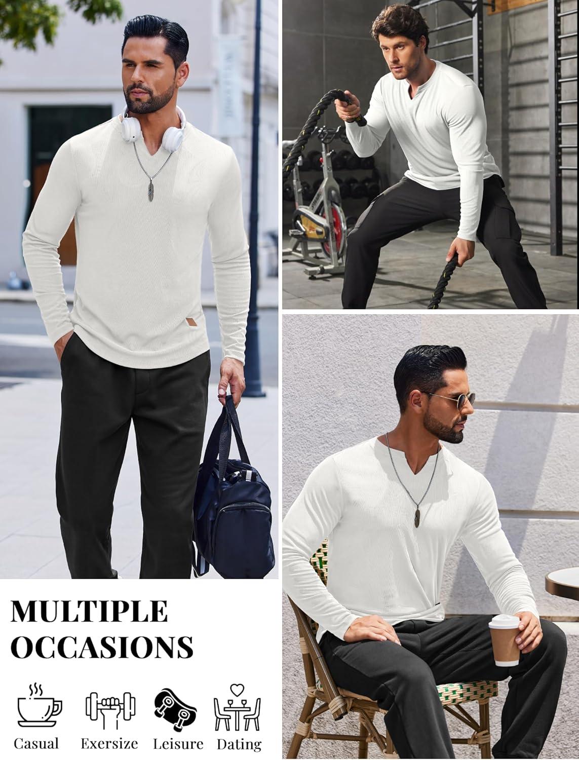 imageCOOFANDY Mens Long Sleeve Muscle T Shirts Casual VNeck Slim Fit Longline Ribbed Shirts Stretch Tee ShirtsAll White