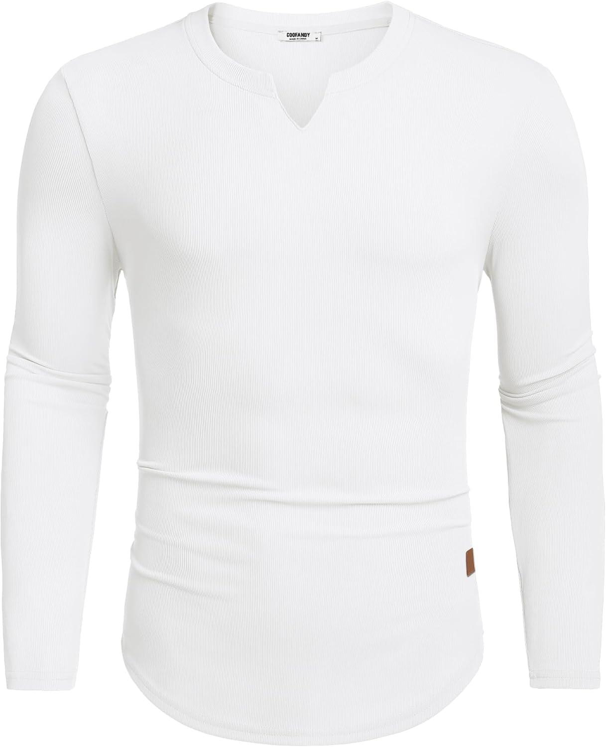 imageCOOFANDY Mens Long Sleeve Muscle T Shirts Casual VNeck Slim Fit Longline Ribbed Shirts Stretch Tee ShirtsAll White