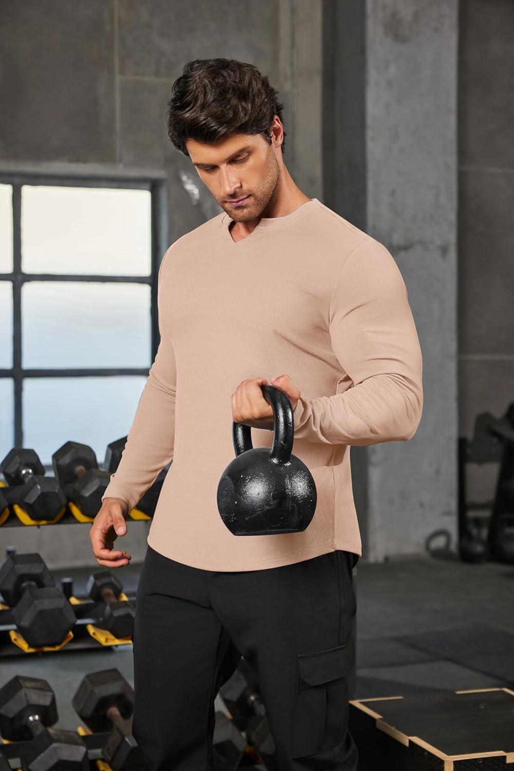 imageCOOFANDY Mens Long Sleeve Muscle T Shirts Casual VNeck Slim Fit Longline Ribbed Shirts Stretch Tee ShirtsBeige