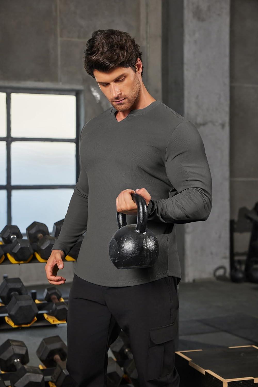 imageCOOFANDY Mens Long Sleeve Muscle T Shirts Casual VNeck Slim Fit Longline Ribbed Shirts Stretch Tee ShirtsDark Grey