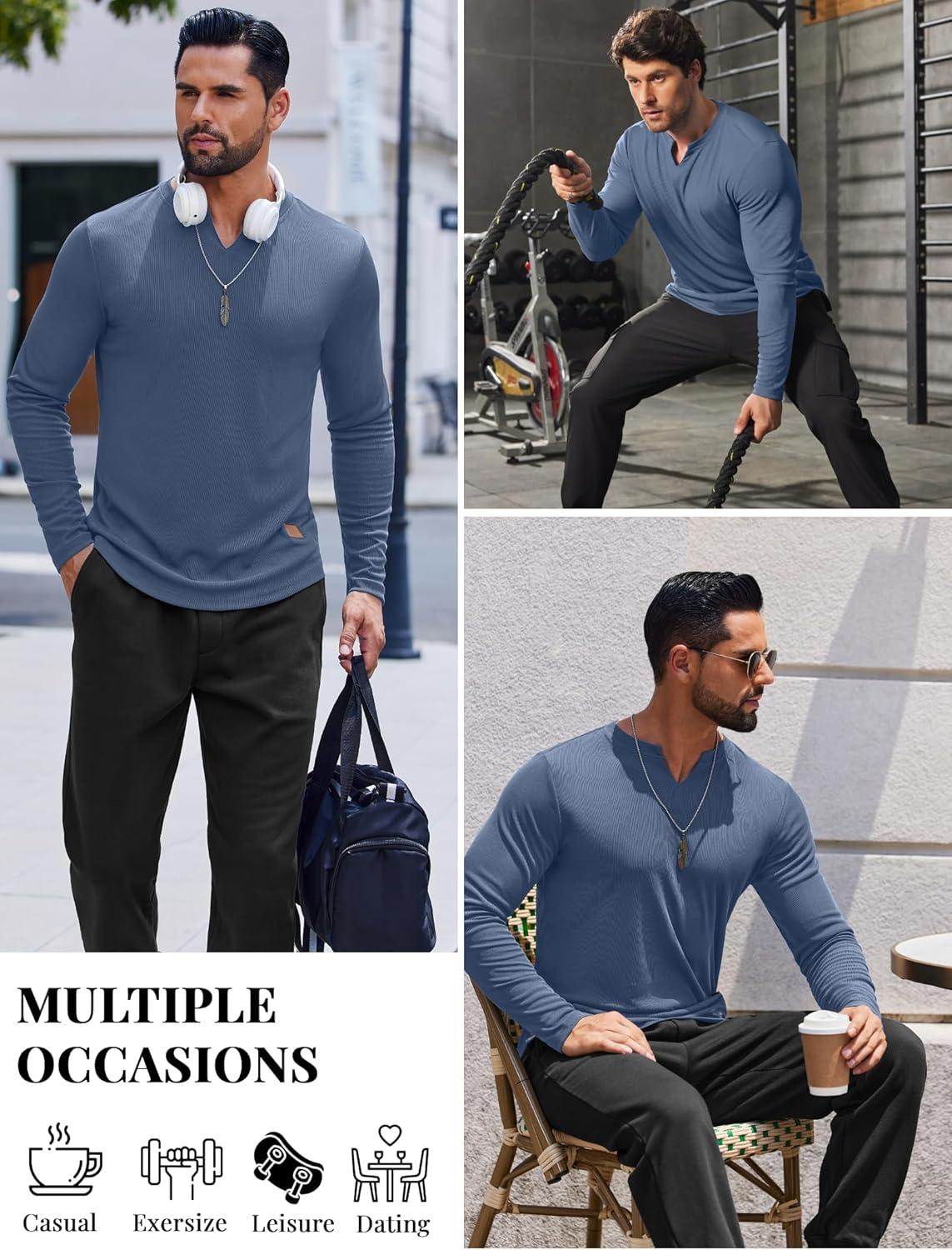 imageCOOFANDY Mens Long Sleeve Muscle T Shirts Casual VNeck Slim Fit Longline Ribbed Shirts Stretch Tee ShirtsGrey Blue