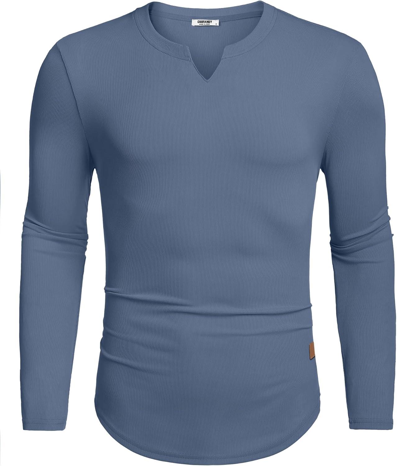 imageCOOFANDY Mens Long Sleeve Muscle T Shirts Casual VNeck Slim Fit Longline Ribbed Shirts Stretch Tee ShirtsGrey Blue