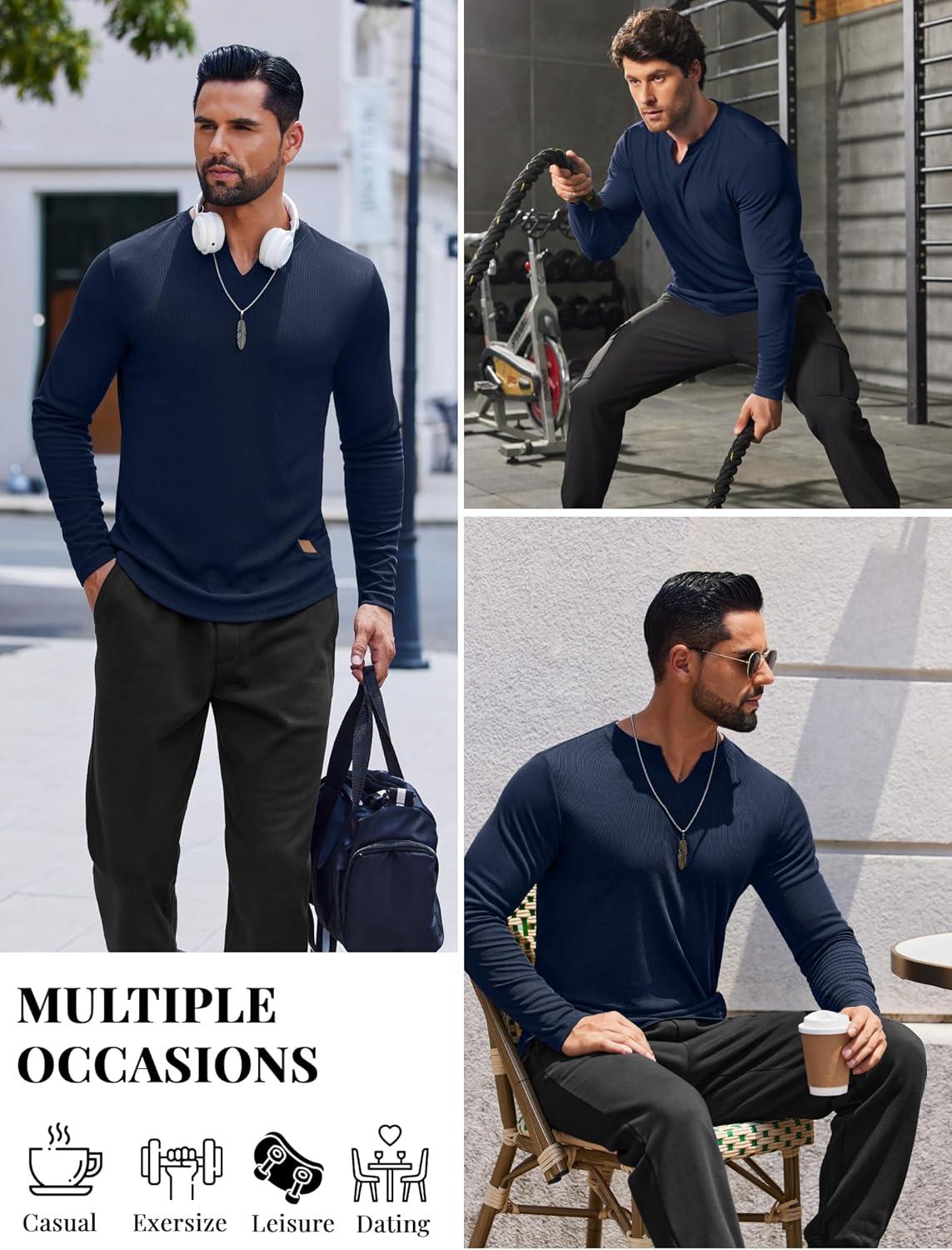imageCOOFANDY Mens Long Sleeve Muscle T Shirts Casual VNeck Slim Fit Longline Ribbed Shirts Stretch Tee ShirtsNavy Blue