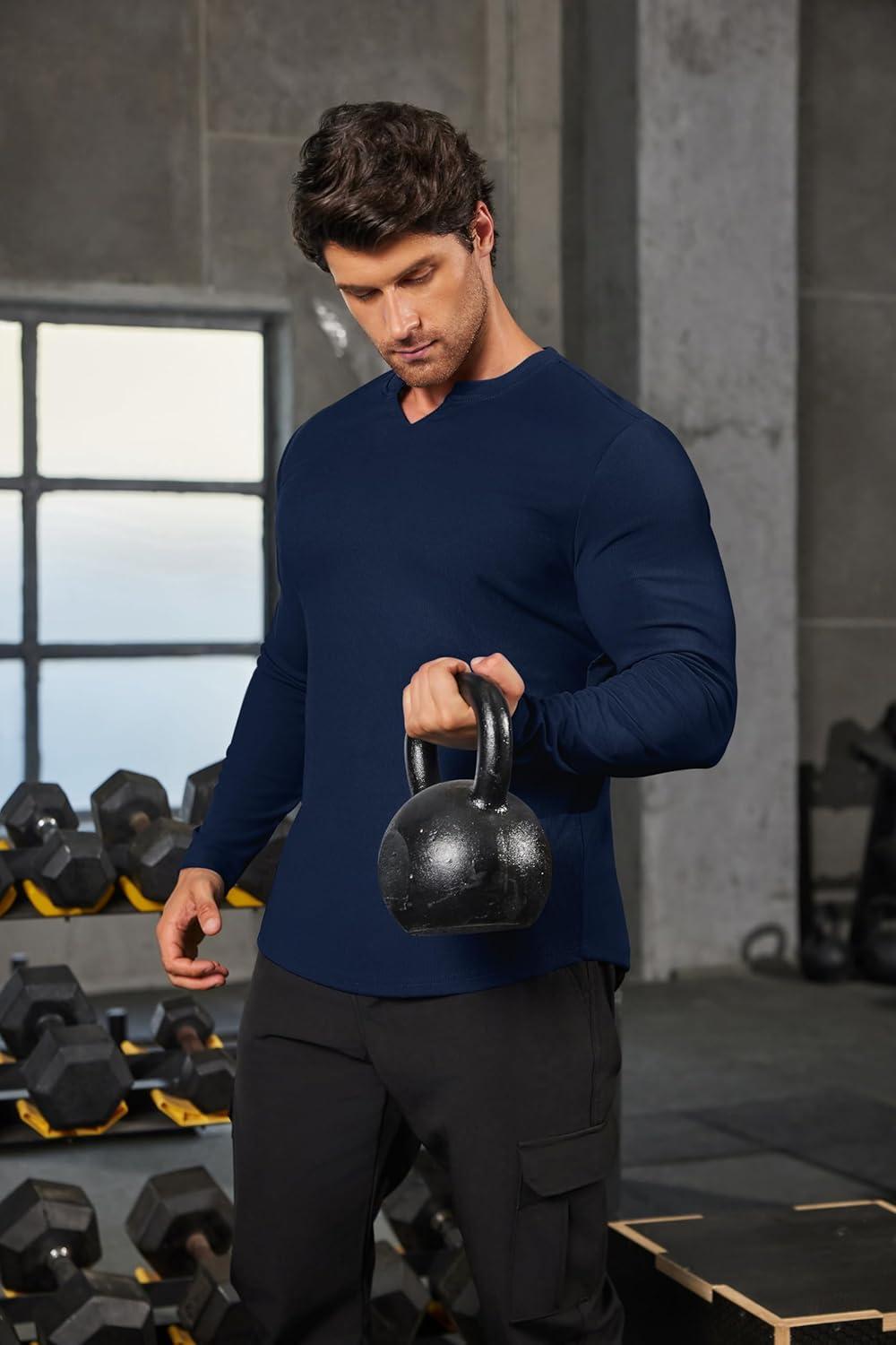 imageCOOFANDY Mens Long Sleeve Muscle T Shirts Casual VNeck Slim Fit Longline Ribbed Shirts Stretch Tee ShirtsNavy Blue