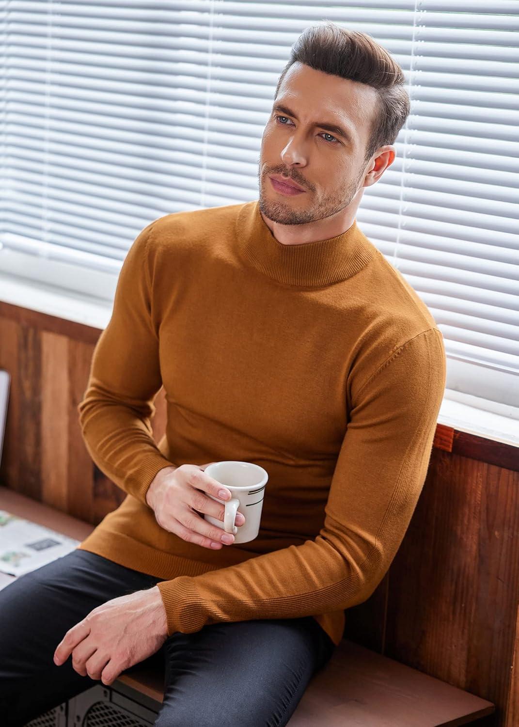 imageCOOFANDY Mens Mock Turtleneck Slim Fit Pullover Sweater Casual Basic Knitted Thermal SweatersLight Brown